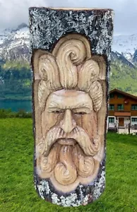 Tree Sprit Whimsical Wizard Viking Rustic Green Man Wood Carving Statue Pole 12" - Picture 1 of 6