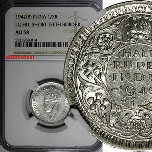 India-British George VI Silver 1942 (B) 1/2 Rupee Large Head NGC AU58 KM#551(14) - Picture 1 of 4