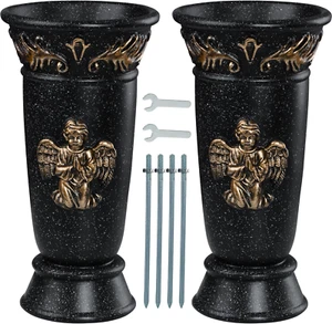 Vaso in Resina, 2 Pezzi Nero Angelo Cimitero Vaso di Fiori con Punte, Foro di Drenaggio, f - Foto 1 di 7