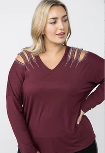 Party Long Sleeve Plum Cold Shoulder w/Stones Top, Vocal Apparel 1X-3X, USA - Picture 1 of 9