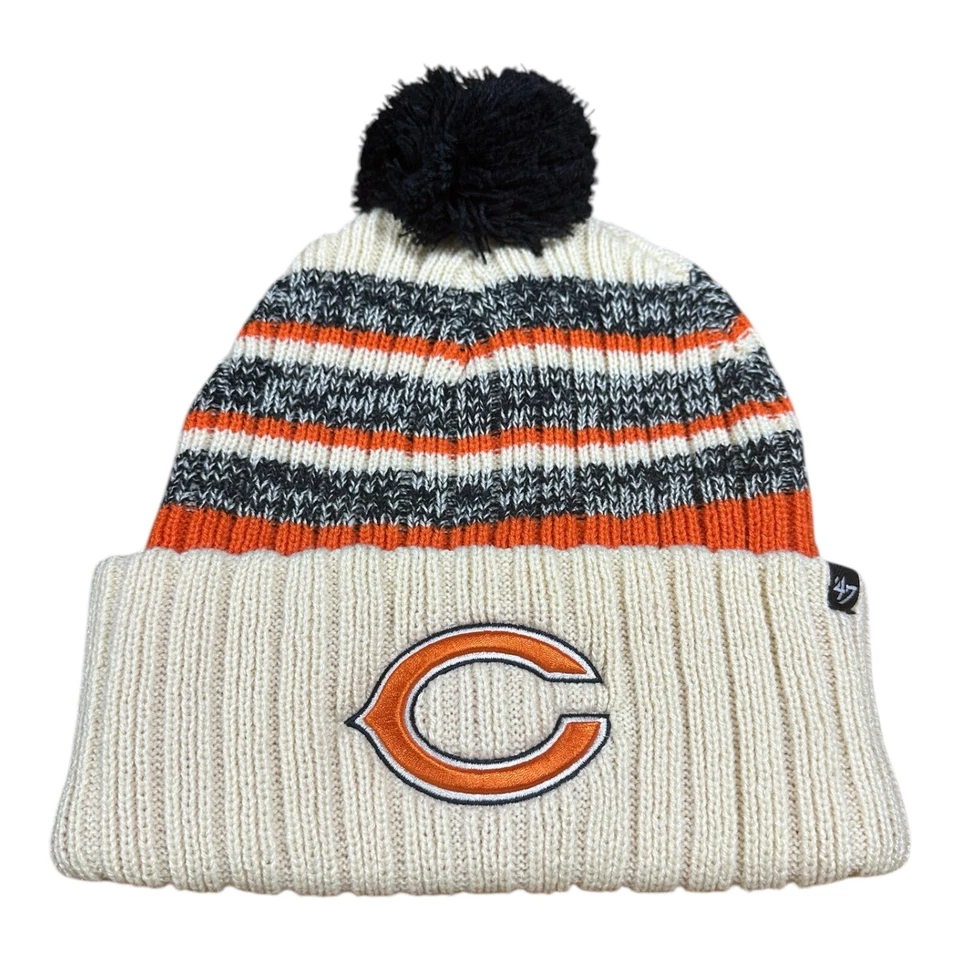 Chicago Bears 47 Brand Tavern Cuff Knit Pom Beanie Hat Adult Khaki Cream NFL