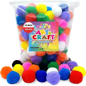 WAU Craft Pom Pom Balls - 100Pcs 1.5 Inch Multicolored Large Pompoms for Crafts - Picture 1 of 12
