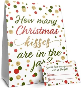 Christmas Party Game How Many Kisses Standing Sign & 30 Card 2" x 3.5" Red Green - Picture 1 of 6