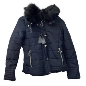 Women's Black Winter Puffer Coat with Removable Fur Collar & Plush Fur Lining - Picture 1 of 2
