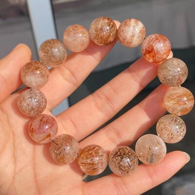 14-14.6mm Natural Red Gold Rutilated Super 7 Quartz Crystal Beads Bracelet 1582 - Image 1 of 4