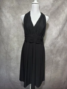 Evan Picone Black Sleeveless V Neck Halter Empire Formal Flowy Midi Dress 12 - Picture 1 of 3