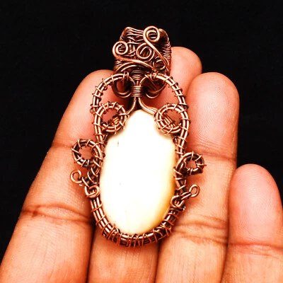 Pingente de jaspe branco envolto em fio de cobre feito à mão joia 2,32" CP-203 - Imagem 1 de 2