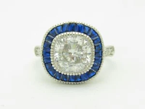 Platinum Sterling Silver Blue & White Sapphire Cushion Design Halo Ring Size 9 - Picture 1 of 12