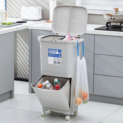 Kitchen Rubbish Waste Bin Recycling Dual Multi Compartment Pedal Dustbins +Wheel - Image 1 of 4