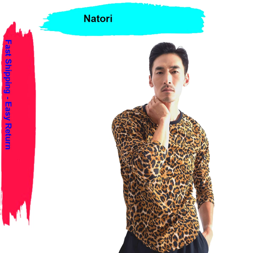 Natori Men's Brown Long-Sleeve Crewneck Kaede Leopard-Print T-Shirt Size M