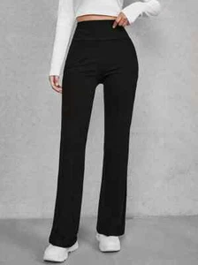 Women's black Casual High Waist Straight Legs Solid Pants Stretchy S M L - Picture 1 of 5