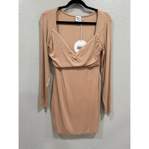 Princess Polly Size 8 Nude Ruched Long Sleeve Bodycon Mini Dress - Picture 1 of 5
