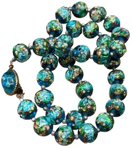 Vintage Blue Multicolor Speckled Lava Texture Foil Art Glass Beaded Necklace 17" - Picture 1 of 10