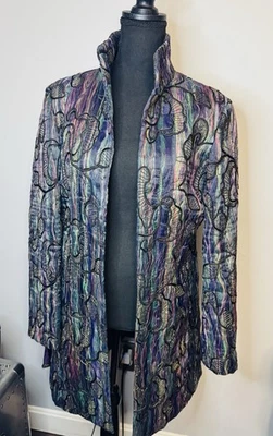 Grace Chuang Long Coat Open Front Beading Embroidered Size M Purple Black Green - Image 1 of 4