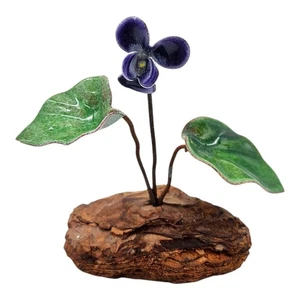 Vtg Bovano of Cheshire Enamel On Copper African Violet Purple Flower on Wood 3" - Picture 1 of 7