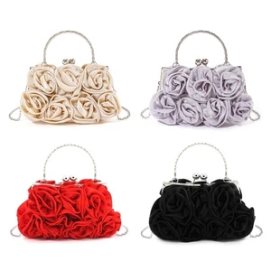 Stylish Rose Floral Evening Bag Satins Handbag for Proms and Cocktail Parties - Picture 1 of 11