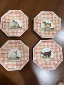 JOHN DERIAN Pink Plaid Spaniel Sheepdog DOGS Dainty Signed Decoupage 4 Plates 5” - Picture 1 of 12