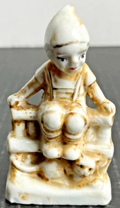 Vintage 1960s Boy on Fence with Cat Porcelain Figurine Japan Home Decor - Picture 1 of 9