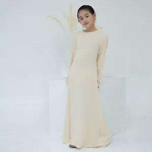 Kids Girls Long Sleeve Abaya Maxi Dress Turkey Kaftan Soild Color Islamic Gown - Picture 1 of 23