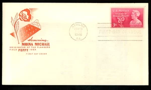 WW2 WORLD WAR 2 MEMORIAL POPPY MOINA MICHAEL FALLEN SOLDIERS FARNAM 1948 FDC UNA - Picture 1 of 1