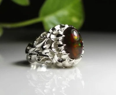 Anillo de plata de ley 925 de ópalo negro natural de primera calidad ópalo negro de fuego épico Foto 1 de 2