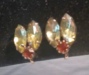 2 Marquise Cut Citron Colored Stones And A Gatnet Color Stone Clip Earrings. - Picture 1 of 2