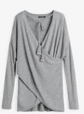 White House Black Market Cross-Front Sweater L Gray Tassels Cashmere Blend $78 - Image 1 of 4