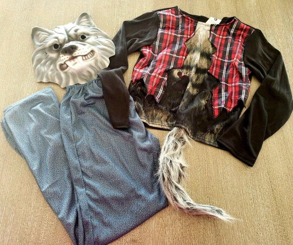 boys NEW WEREWOLD HALLOWEEN COSTUME MASK FURRY TAIL SHIRT BOTTOMS PANTS LARGE - Image 1 of 1