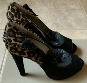 Giemme Black Suede w/ Cheetah Print & Chain Heels Womens Euro 40 US 9 NEW in Box - Picture 1 of 8