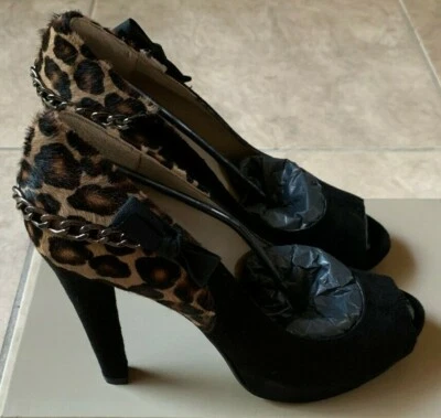 Giemme Black Suede w/ Cheetah Print & Chain Heels Womens Euro 40 US 9 NEW in Box - Image 1 of 4
