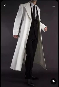 New Men's White Trench Leather Long Coat Real Lambskin Leather Long Overcoat - Picture 1 of 6