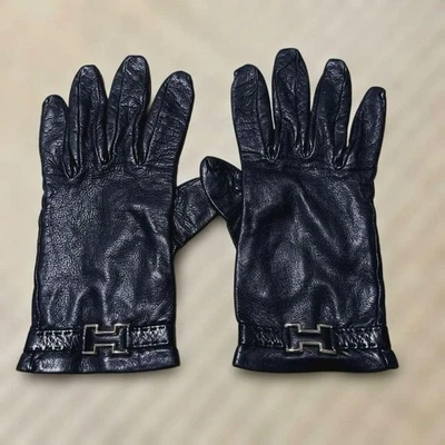 Hermes Cinco Dedos Guantes Cuero Negro Invierno Accesorios Talla 7 Mujer... - Imagen 1 de 4