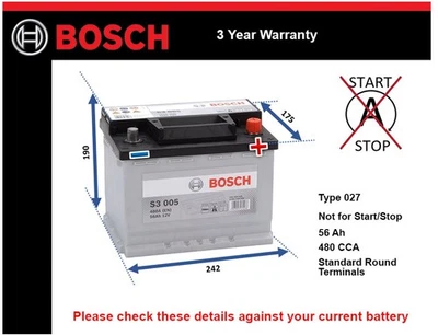 Battery fits VOLVO XC60 C30 V50 V60 XC70 S40 V40 V70 850 940 Bosch 027 - Image 1 of 4
