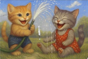 Katzen Kätzchen Chrom Postkarte zwei in Badeanzügen spielen mit Wasserschlauch - Bild 1 von 2