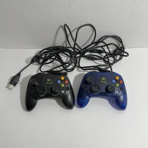 2 Original Xbox OEM S Type Blue Black Controllers With Breakaway Cable TESTED - Picture 1 of 6