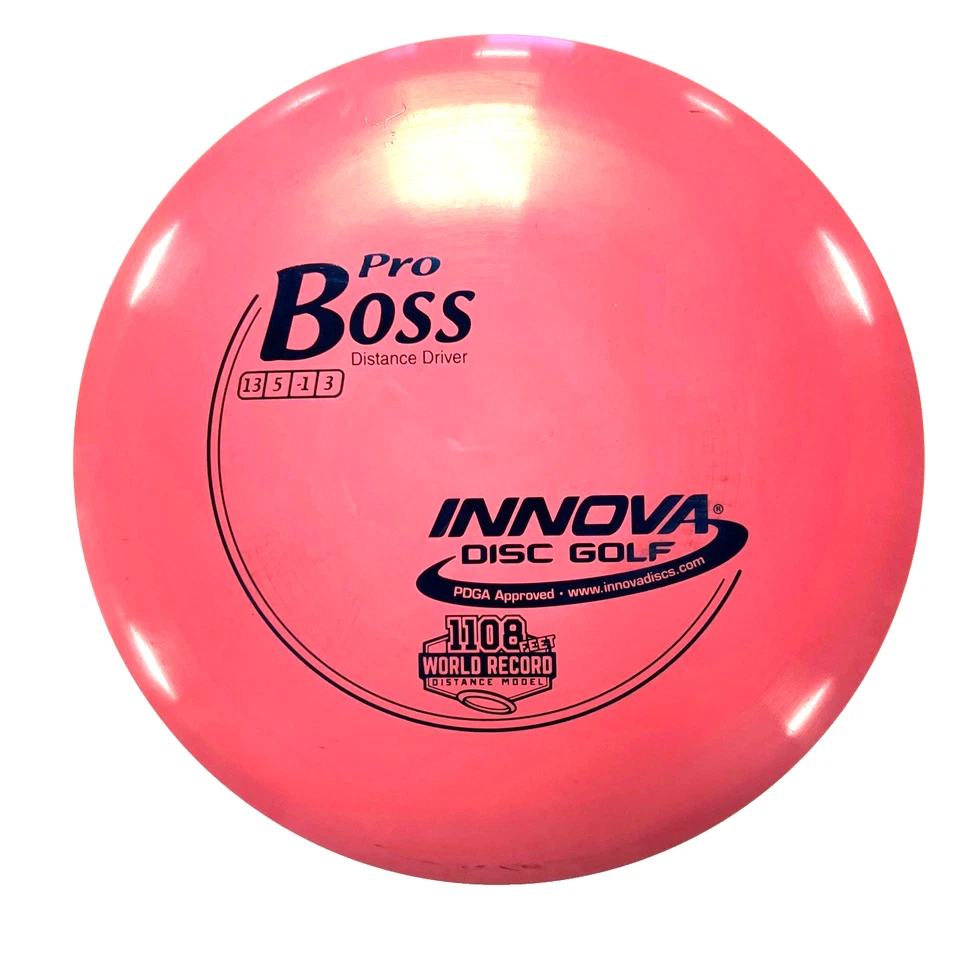 DISC GOLF INNOVA PRO BOSS LONG DISTANCE DRIVER 173-5g PINK w/ BLUE FOIL - Image 1 of 1