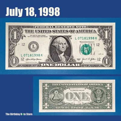 July 18, 1998 Birthday Anniversary $1 One Dollar Bill Serial Number 07181998 - Image 1 of 2