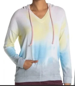THEO & SPENCE Women’s Rainbow Tie-Dye Hoodie Size XS V-Neck Drawstring Pullover - Picture 1 of 9