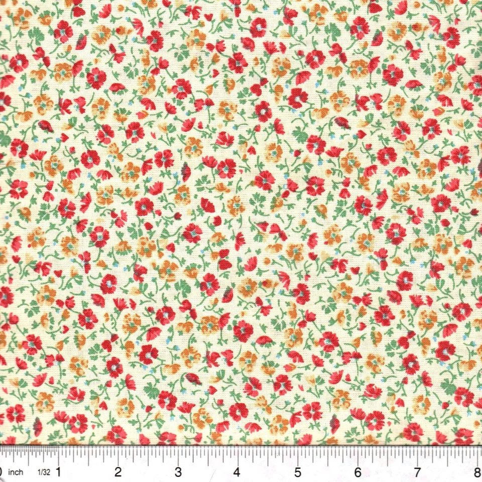 Red & Gold Poppy Field Small Calico Flowers 100% cotton fabric PICK SIZE - Image 1 of 1