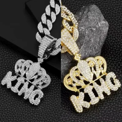 Collar Colgante Corona Rey Helado HipHop Cadena de Cristal Ropa de Calle Moda Joyería Foto 1 de 4
