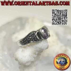 Anello in argento 925 ‰ ametista naturale ovale sfaccettata e fascette tempestat - Foto 1 di 8