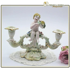 CANDELABRO ANTICO IN CERAMICA CANDELIERE A DUE FIAMME VINTAGE CHERUBINO PUTTI - Imagen 1 de 7