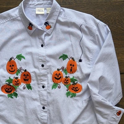 Falls Creek Halloween Pumpkin Black Cat Womens MEDIUM Embroidered Shirt - Image 1 of 4