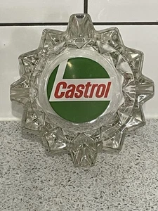 COLLECTABLE CHUNKY CLEAR GLASS ASHTRAY CASTROL OIL ADVERTISING MAN CAVE - Picture 1 of 5