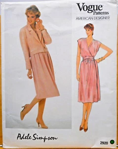 Vtg Vogue Pattern American Designer Adele Simpson 2920 Jacket Dress Belt Sz 12 - Picture 1 of 2
