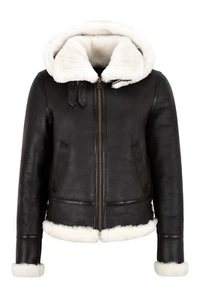 Ladies B3 Sheepskin Jacket Hooded Winters Real Shearling White Fur Jacket F-05 - Picture 1 of 8
