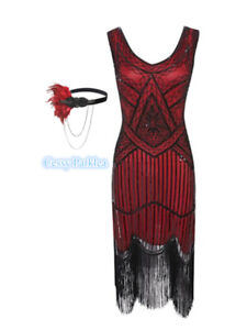 Z-A2-2 Red Black Ladies 1920s Roaring 20s Flapper Gatsby Costume Sequins Dress
