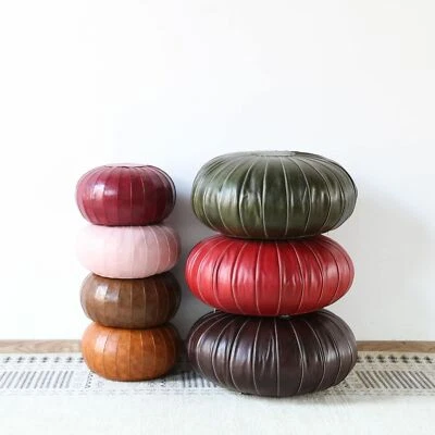Round Moroccan Leather Footstool Pouffe Pouf Handmade DIY Ottoman Zipper Stool - Image 1 of 4