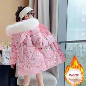 Winter Cotton Padded Coat Medium Long Down Thicken Warm Kids Fur Hooded Clothes - Picture 1 of 23