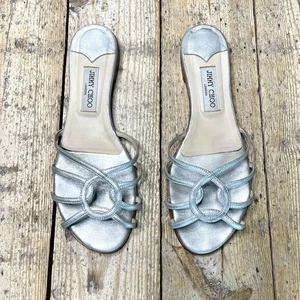 Jimmy Choo Rocco Silver Flat Sandals Size 41 | Metallic Leather Designer Slides - Picture 1 of 10